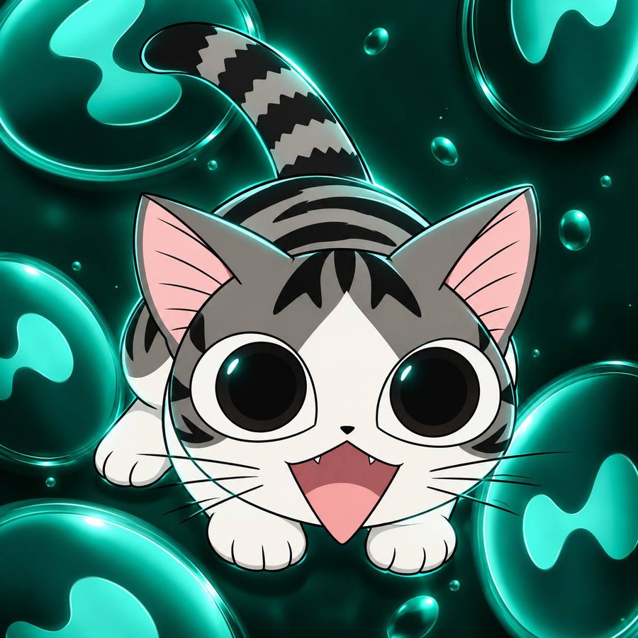 Earny, a grey tabby kitten with huge black eyes and an open happy mouth, among glowing mint Hyperliquid bubbles